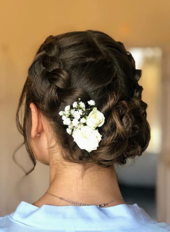 boho braided updo with flowers by wedding hair and makeup artist Alice